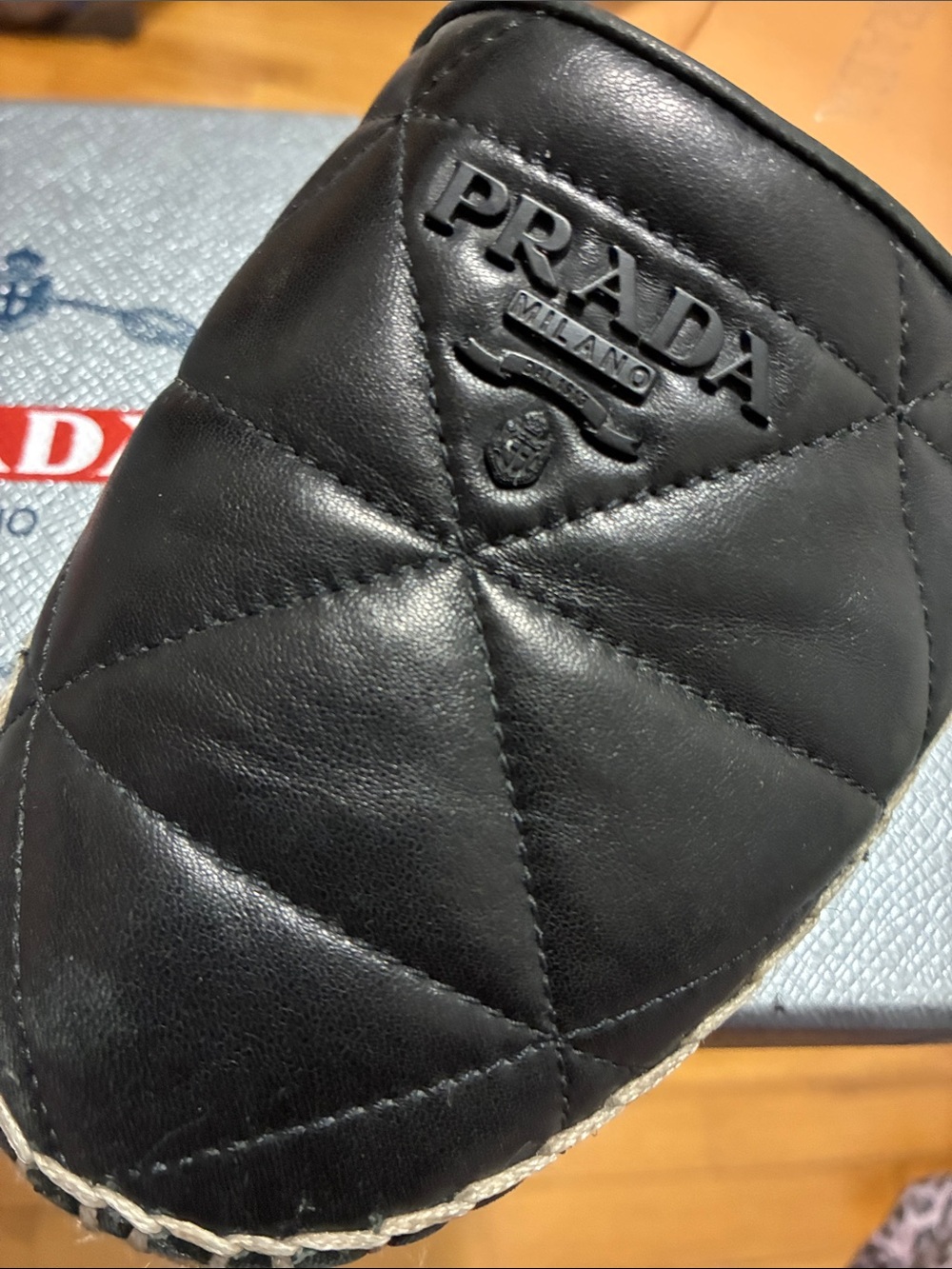 Prada Black Quilted Nappa Leather Espadrilles Triangle Logo 8.5 Box Authentic